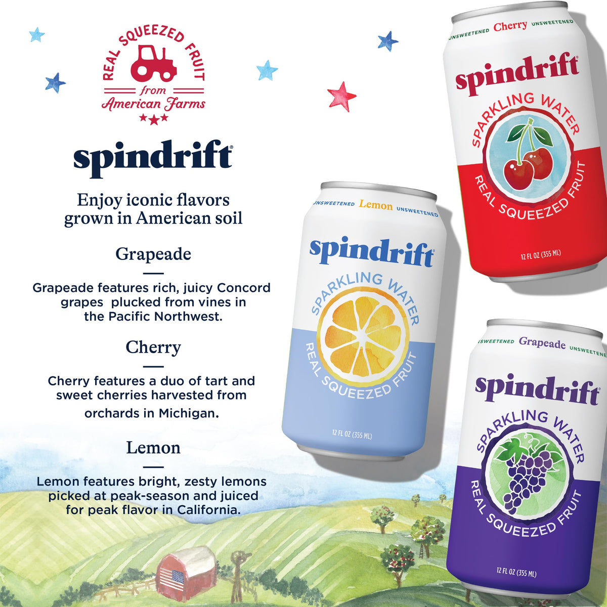 Spindrift Americana 3-Flavor Variety Pack: Real Squeezed Fruit Sparkling Water, 24 Cans