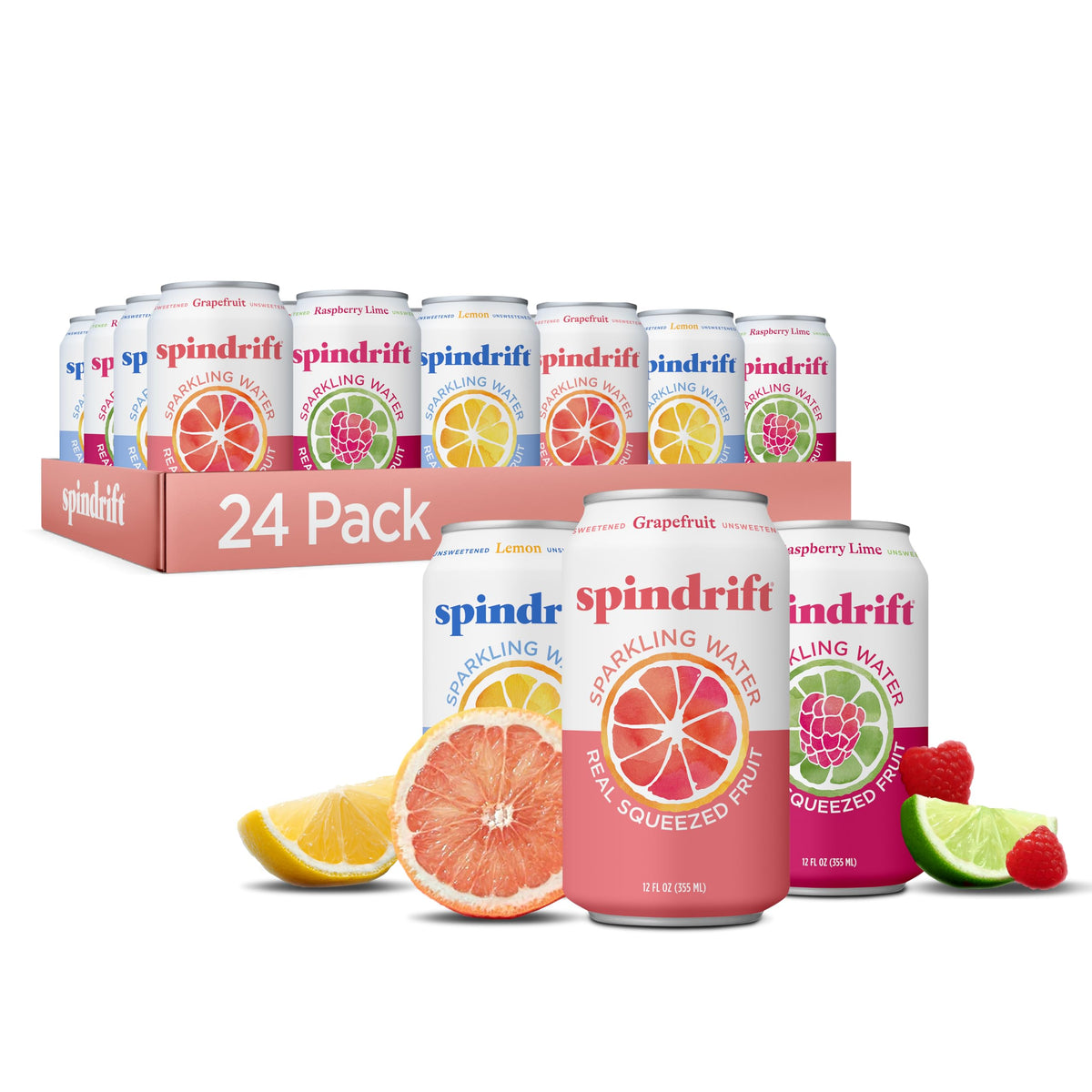 Spindrift Sparkling Water Core 3 Flavor Variety Pack – Real Squeezed Fruit, 24 Cans (12 oz each)