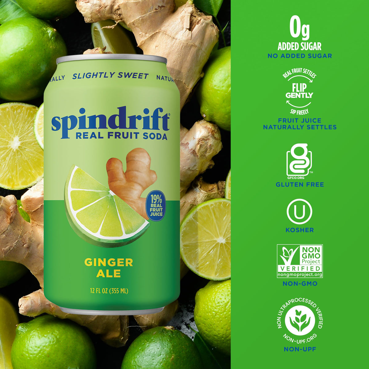 Spindrift Ginger Ale Soda — Real Squeezed Fruit, 0g Added Sugar, 12 Pack Case