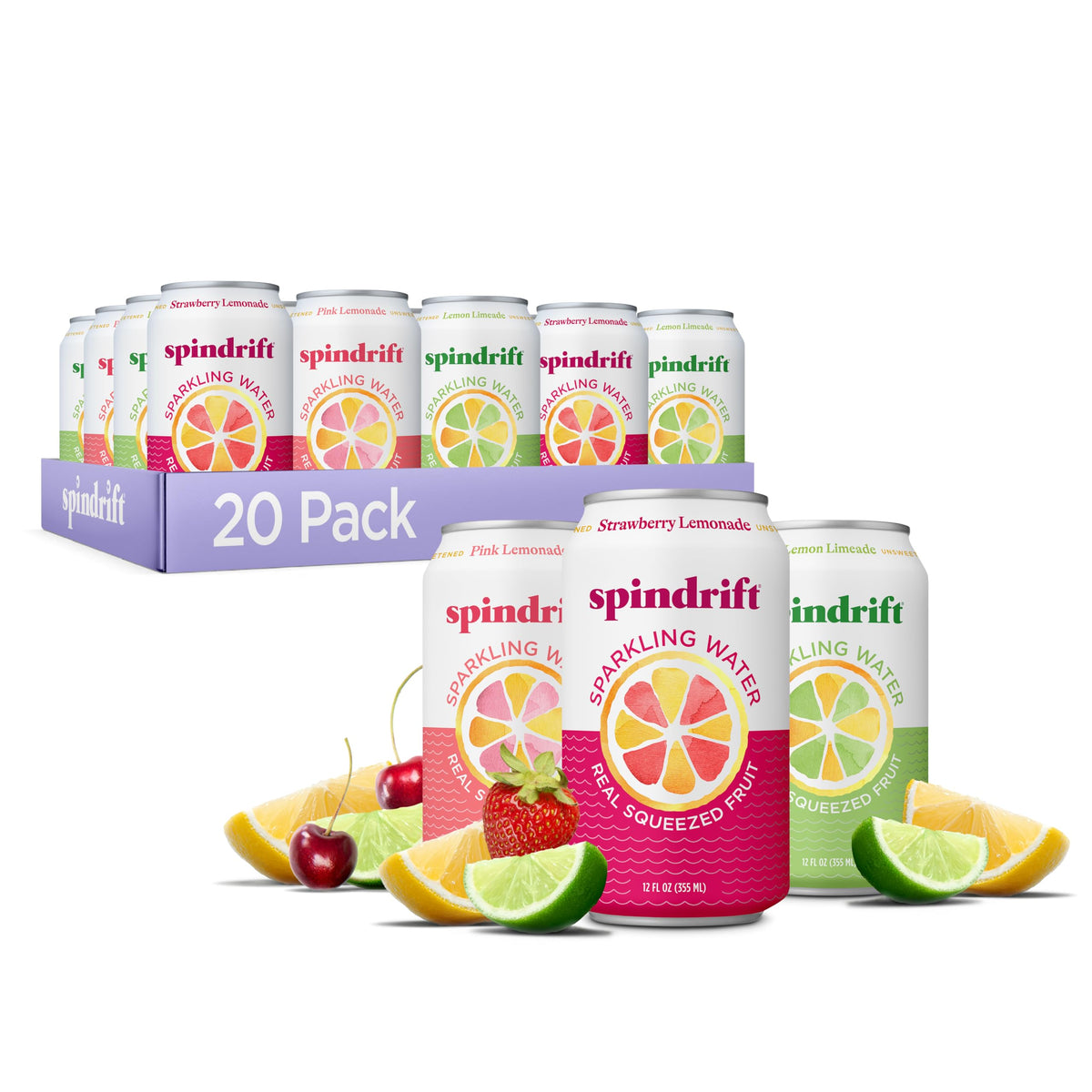Spindrift Lemonade 3-Flavor Variety 20-Pack – Unsweetened Real Fruit Sparkling Water