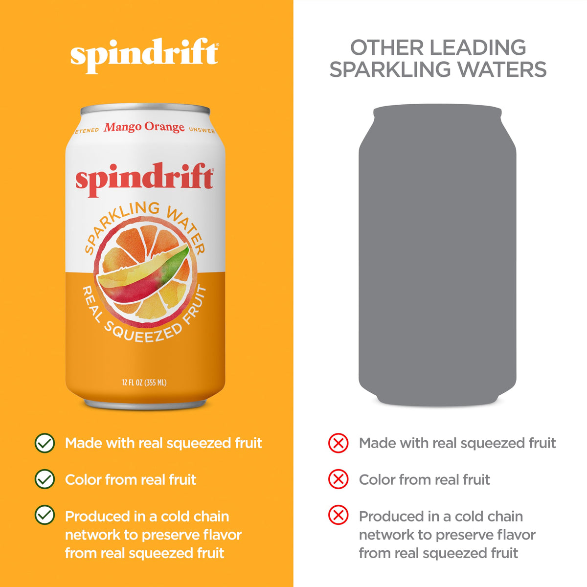 Spindrift Mango Orange Sparkling Water – Real Orange & Alphonso Mango Purée, 7% Juice, 12 Calories