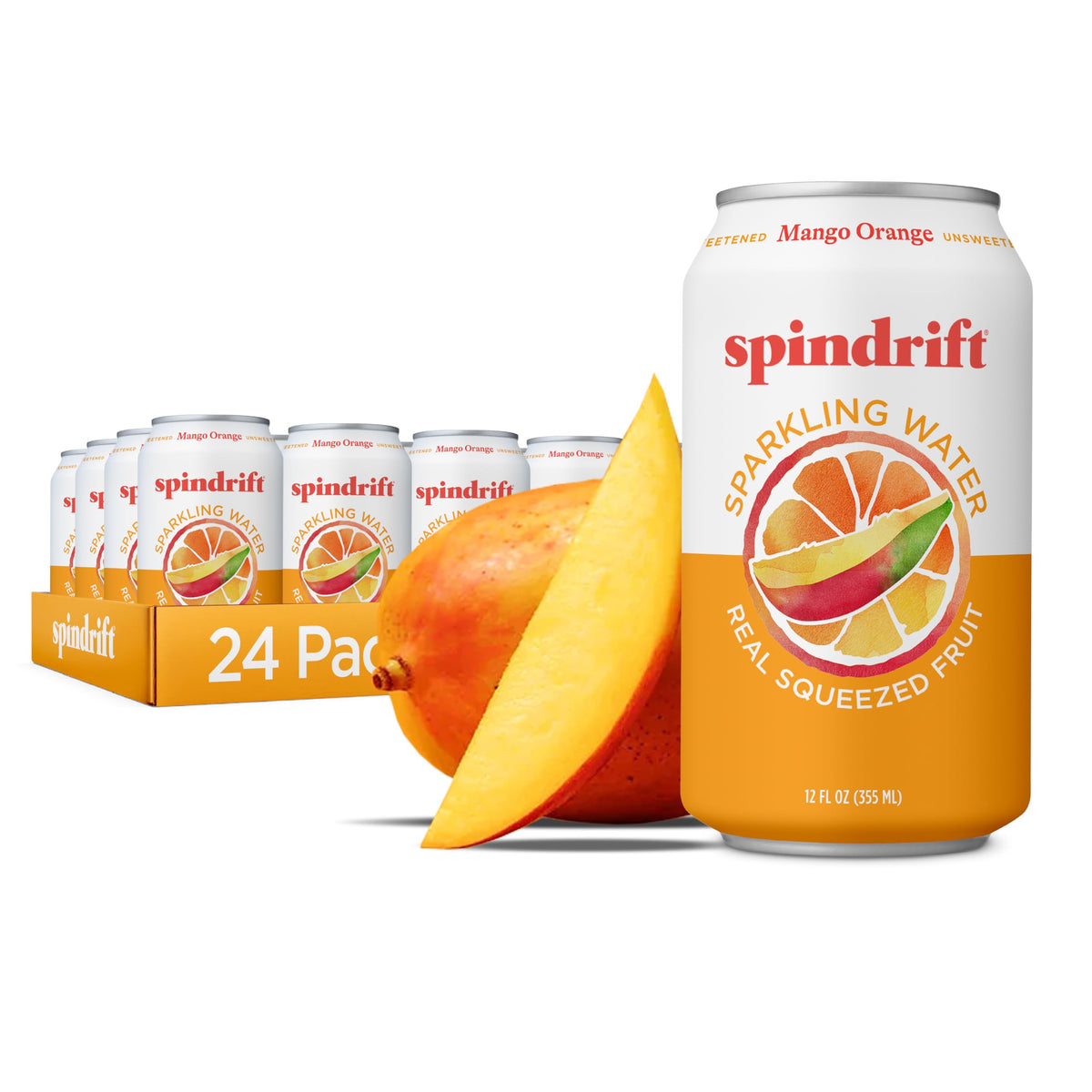 Spindrift Mango Orange Sparkling Water – Real Orange & Alphonso Mango Purée, 7% Juice, 12 Calories