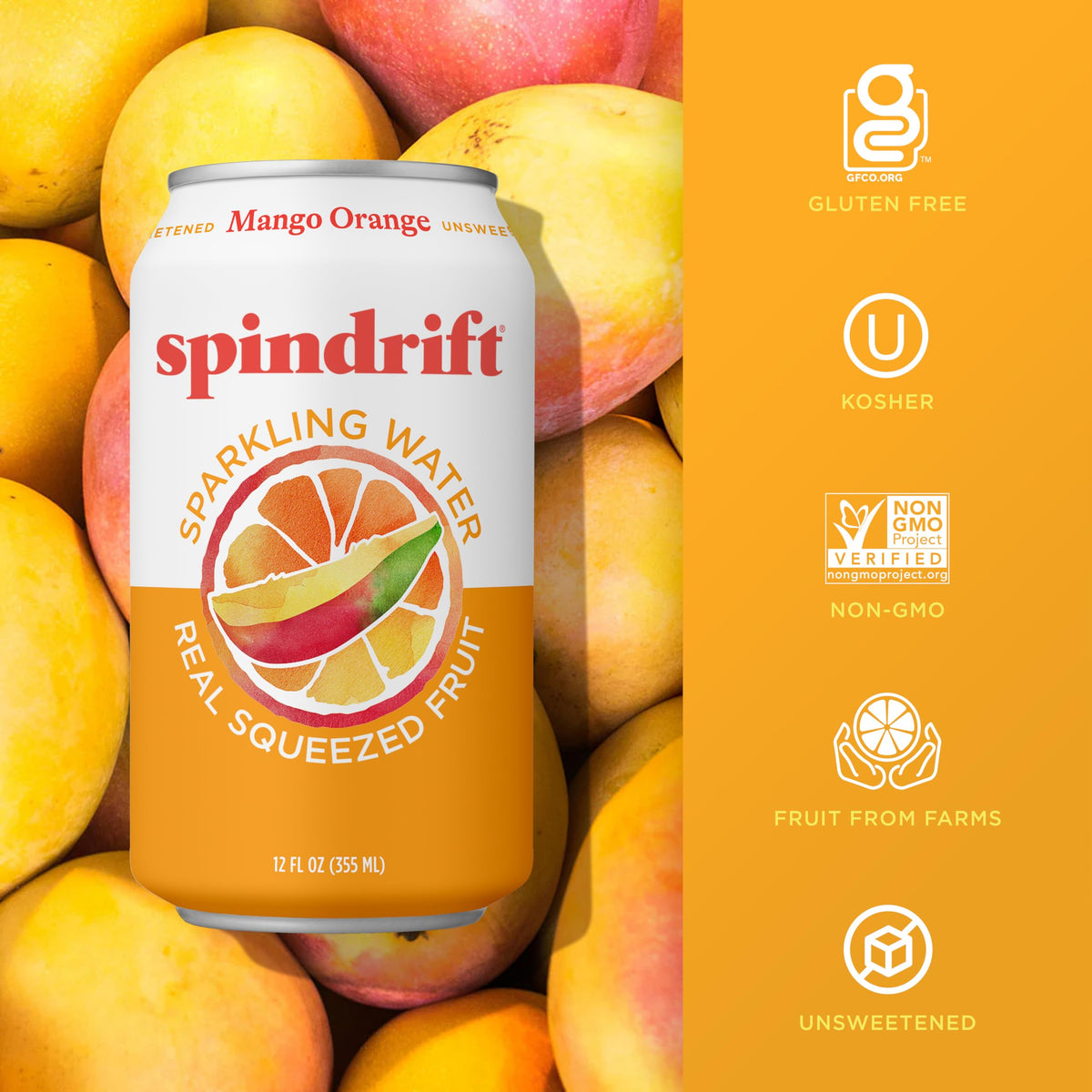 Spindrift Mango Orange Sparkling Water – Real Orange & Alphonso Mango Purée, 7% Juice, 12 Calories