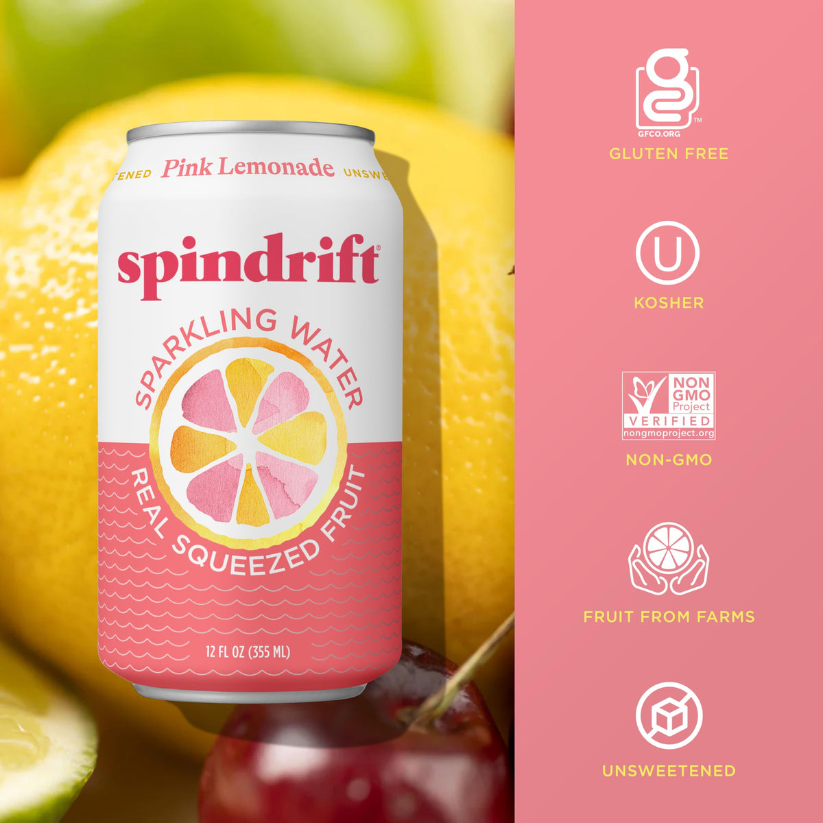 Spindrift Pink Lemonade – Sparkling Water with Real Fruit, 12 oz Can (24 Pack)