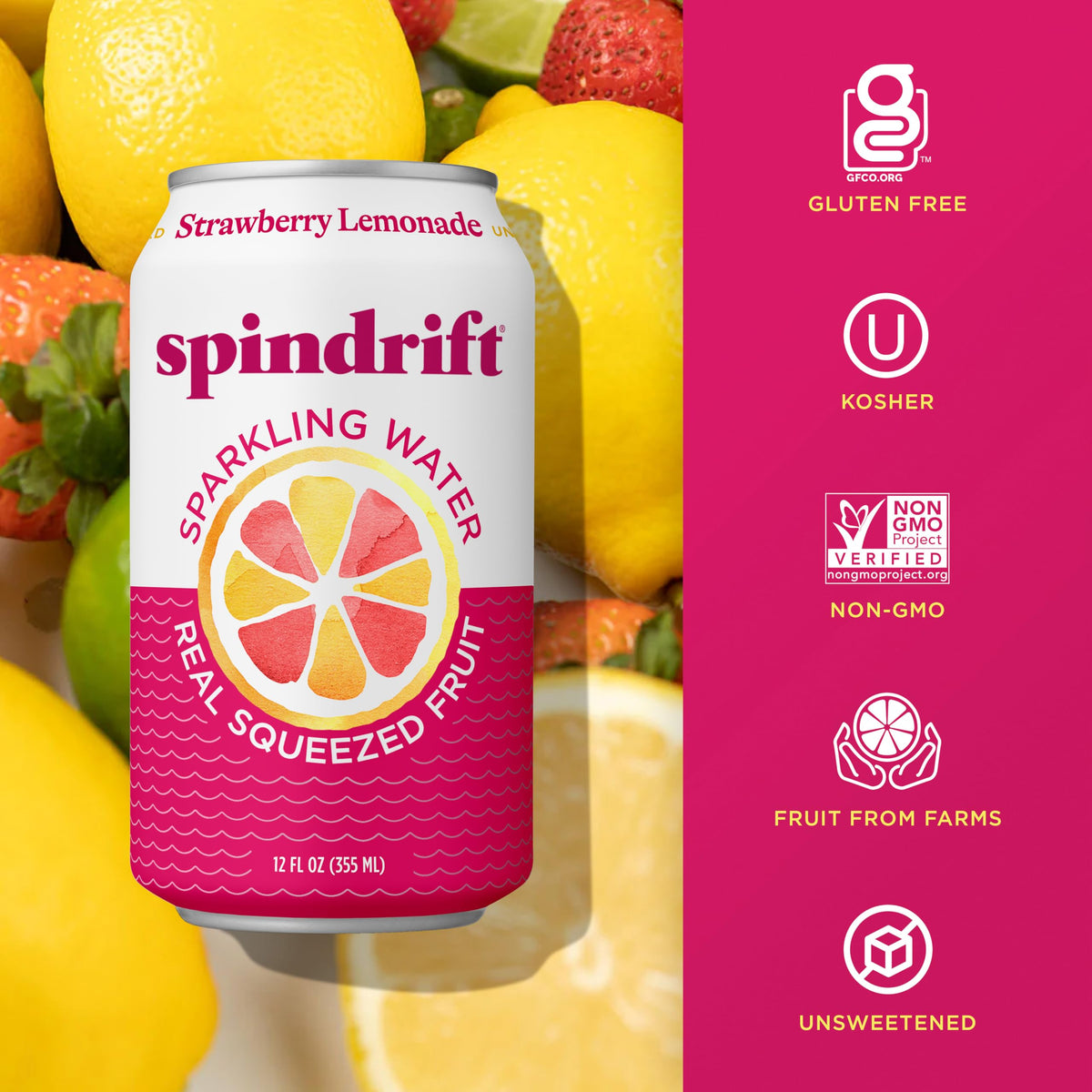 Spindrift Strawberry Lemonade Can – 24 Pack, 12 oz | Real Fruit Sparkling Water