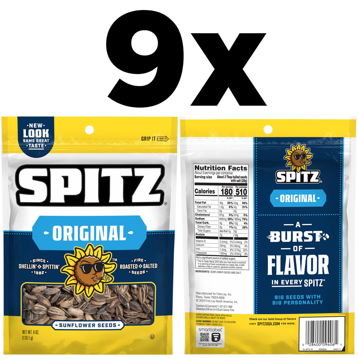 Spitz Sunflower Seeds, Salted — 9 Pack, 6 oz Each | Roasted & Crunchy