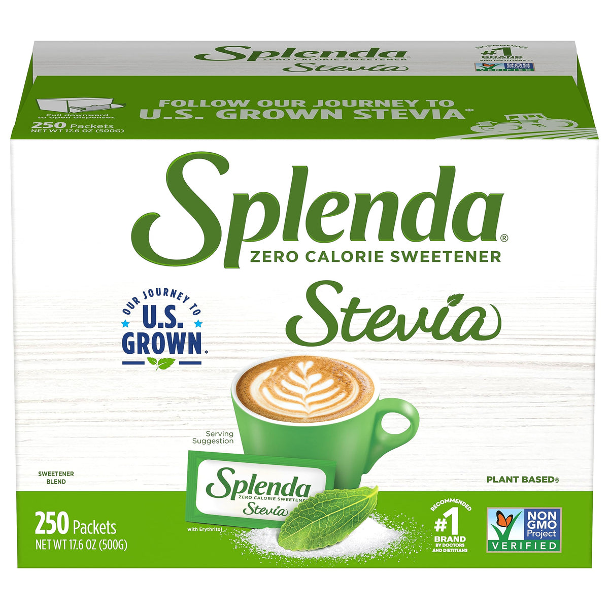 SPLENDA Stevia Zero Calorie Sweetener — Granulated Powder, 250 Count Pack (Single Serve Packets)