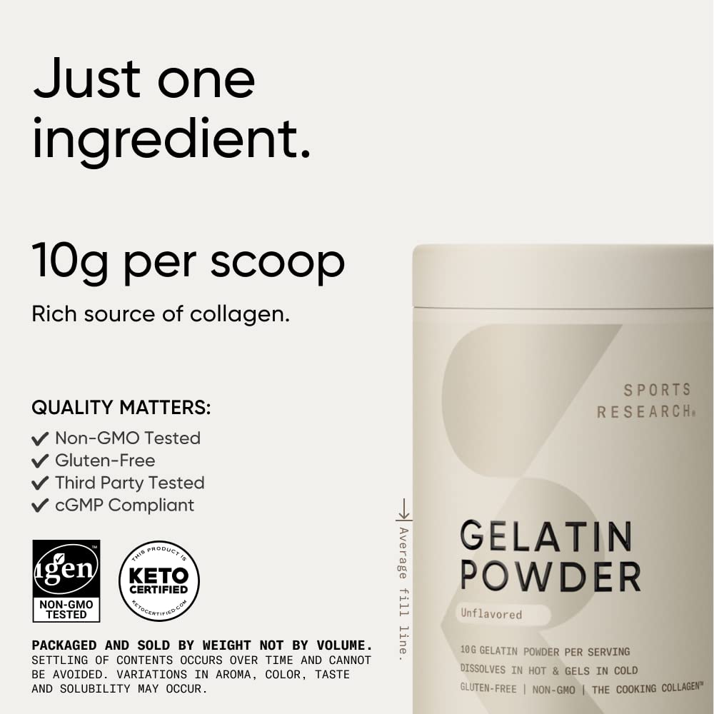Sports Research Gelatin Collagen Cooking Powder – Pasture-Raised Beef, Keto Certified & Non-GMO