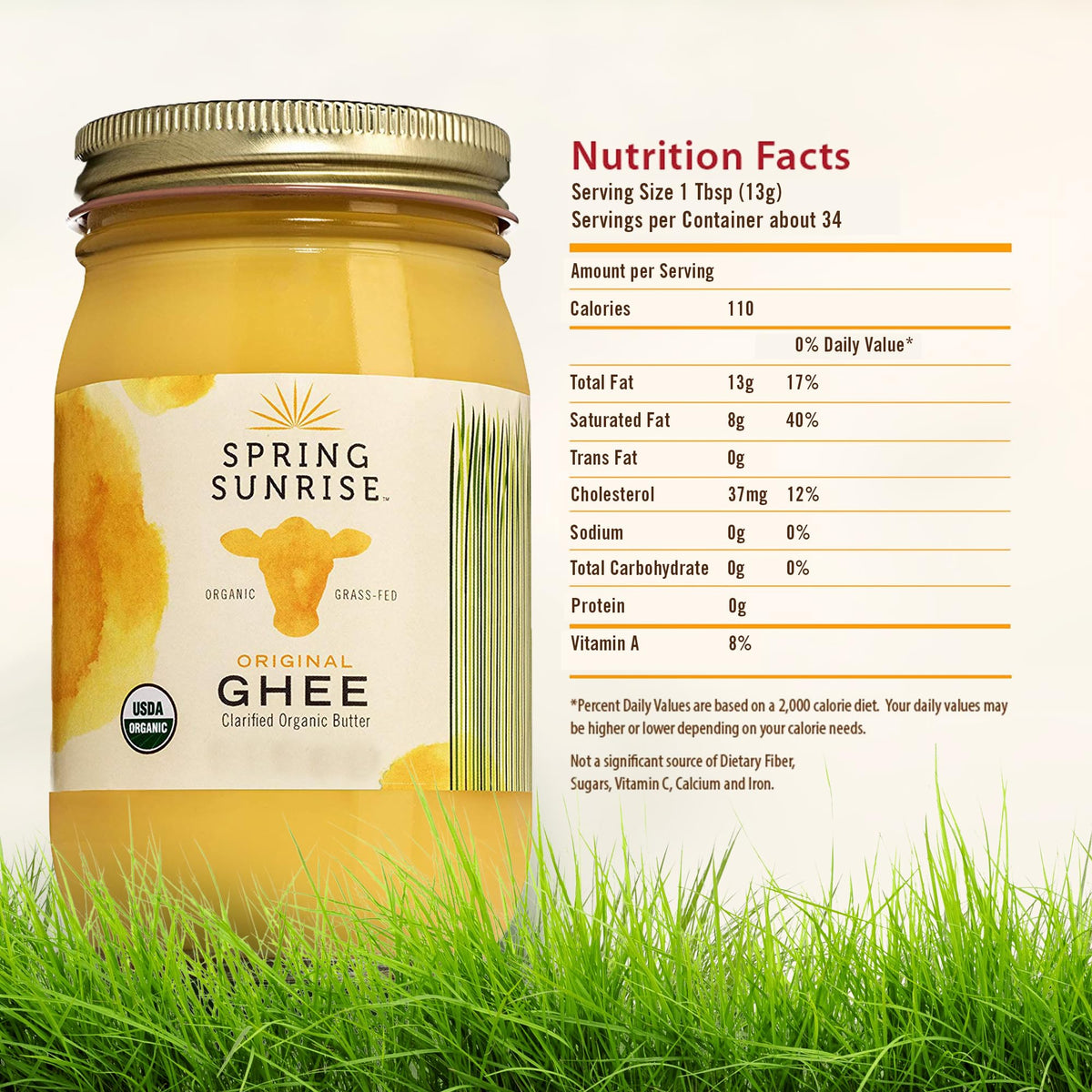 Spring Sunrise Organic Grass-Fed Ghee 16 oz – High-Heat Clarified Butter for Keto & Paleo