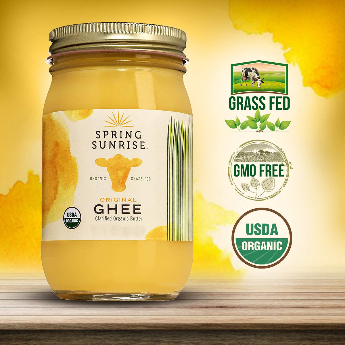 Spring Sunrise Organic Grass-Fed Ghee 16 oz – High-Heat Clarified Butter for Keto & Paleo