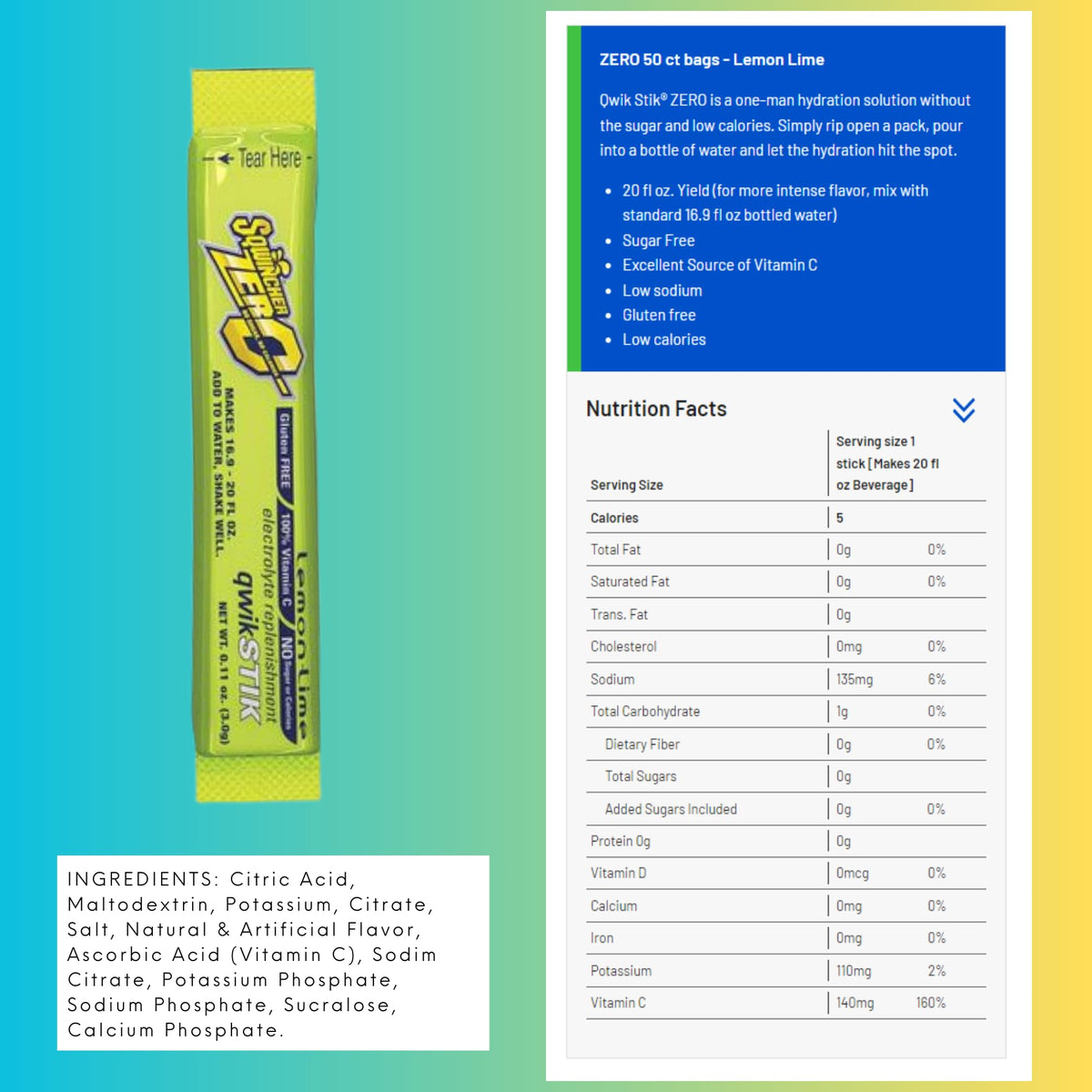 Sqwincher Qwik Stik Zero Lemon Lime Electrolyte Drink Sticks – 0.11 oz, Yields 20 oz, 50 Sticks per Pack