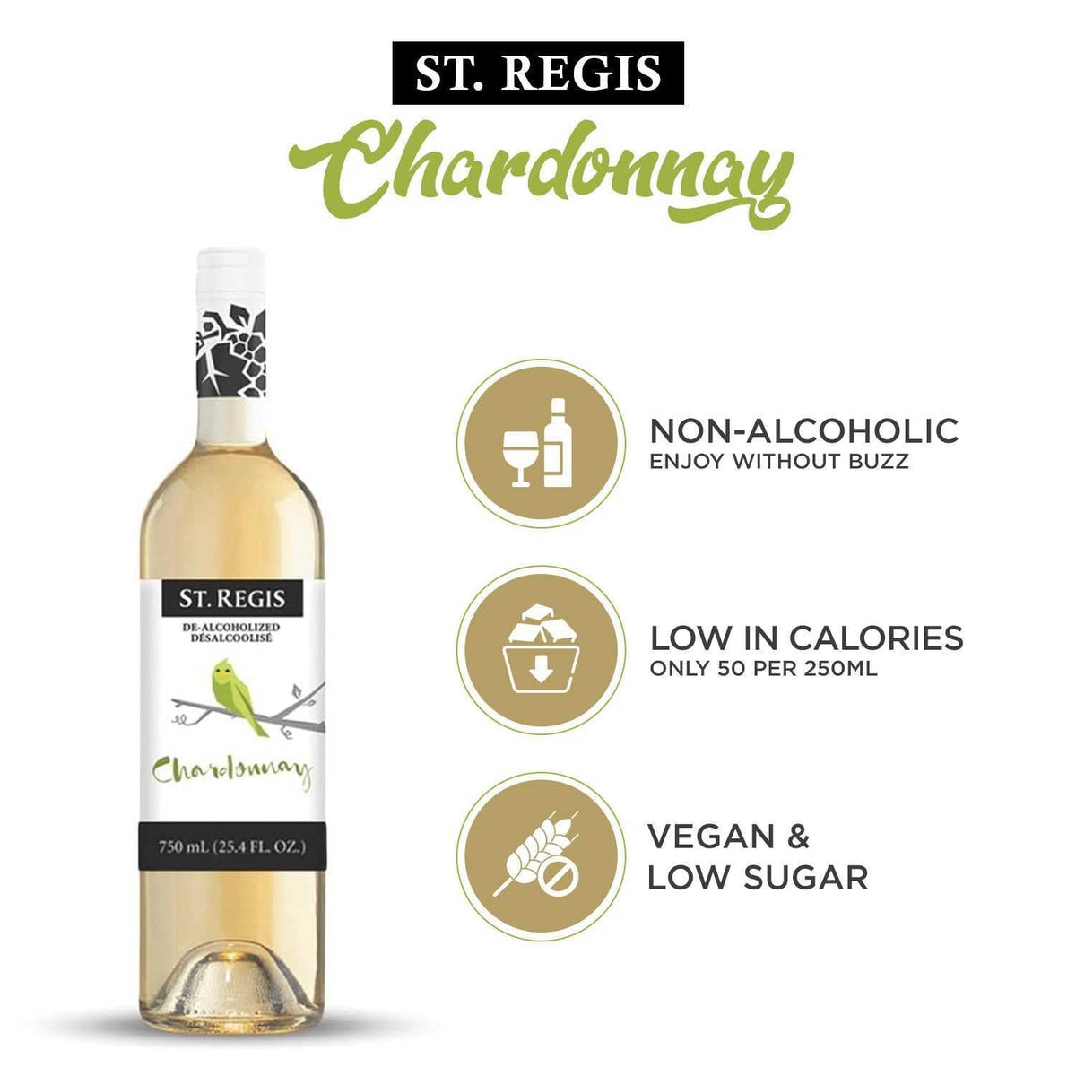 ST. REGIS Non-Alcoholic Chardonnay 25.4 Fl Oz (6 Pack) – Low Calorie & Sugar | North Spain Vineyards