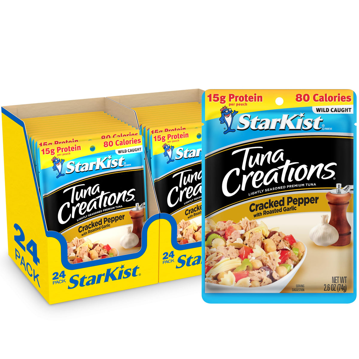 StarKist Tuna Creations Cracked Pepper with Roasted Garlic – 2.6 oz Pack of 24 | High Protein, Gluten & Soy Free, Ready to Eat