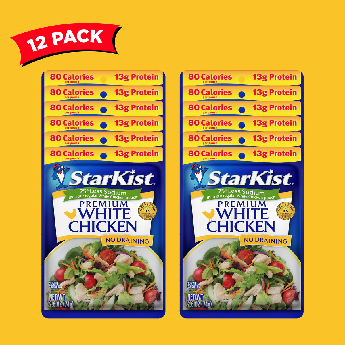 StarKist Less Sodium Premium White Chicken - 2.6 oz Pouch (Pack of 12) | 13 g Protein per Serving
