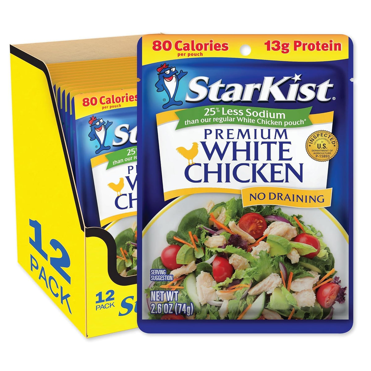 StarKist Less Sodium Premium White Chicken - 2.6 oz Pouch (Pack of 12) | 13 g Protein per Serving