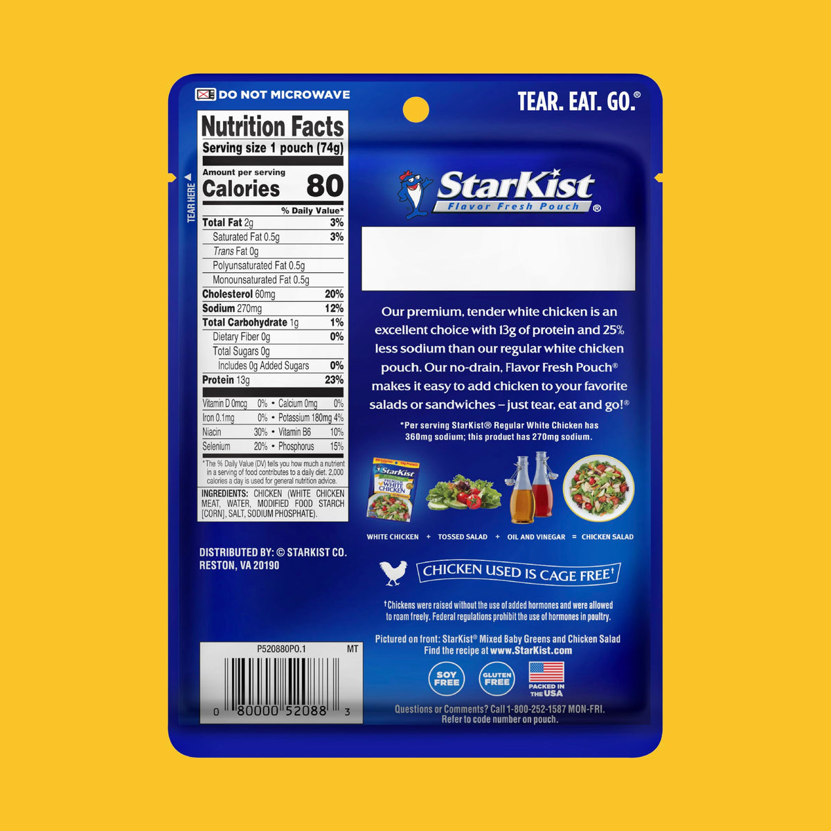 StarKist Less Sodium Premium White Chicken - 2.6 oz Pouch (Pack of 12) | 13 g Protein per Serving