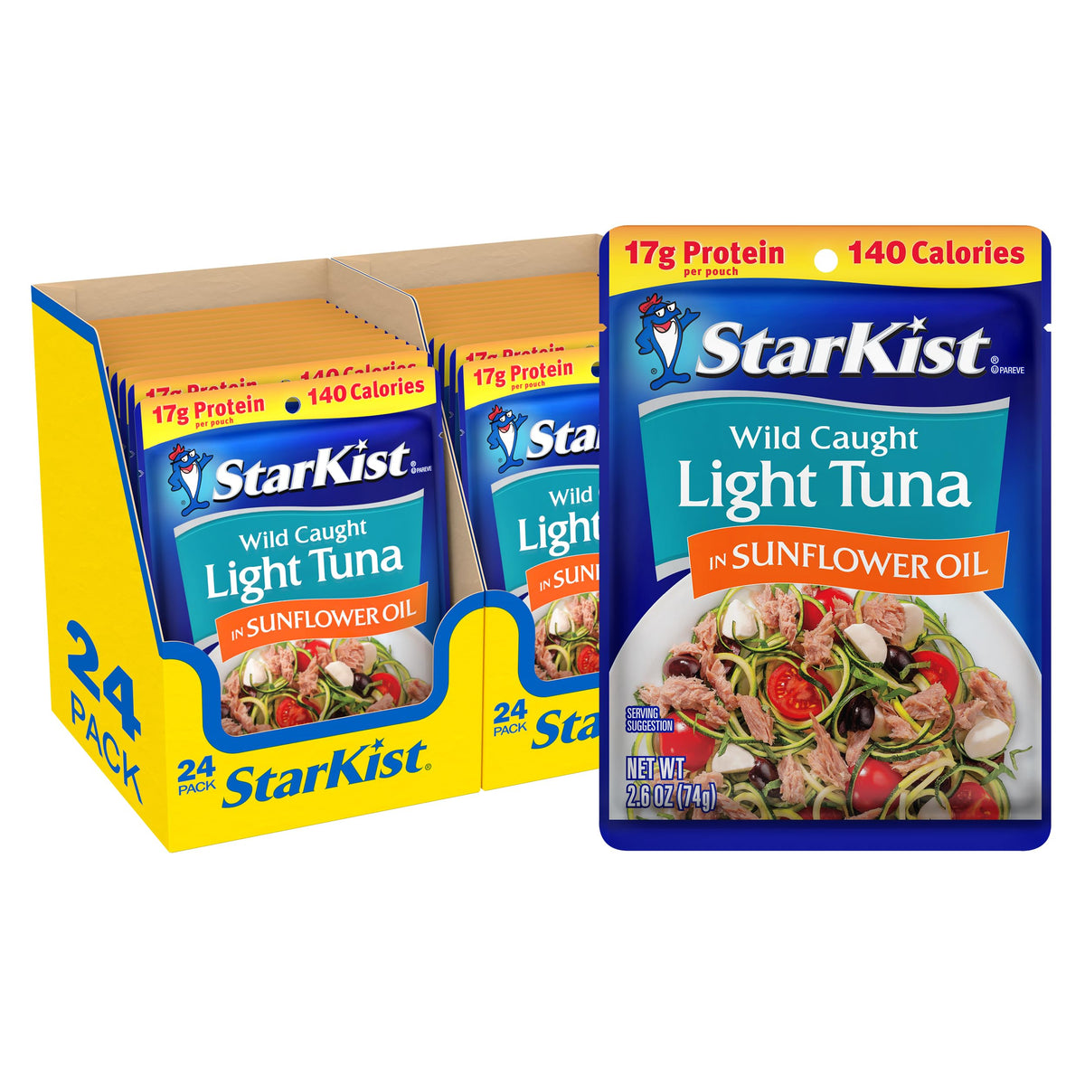StarKist Light Tuna in Sunflower Oil Pouch – Ready to Eat, 17g Protein, Wild-Caught, Gluten Free & Soy Free (24 Pack)