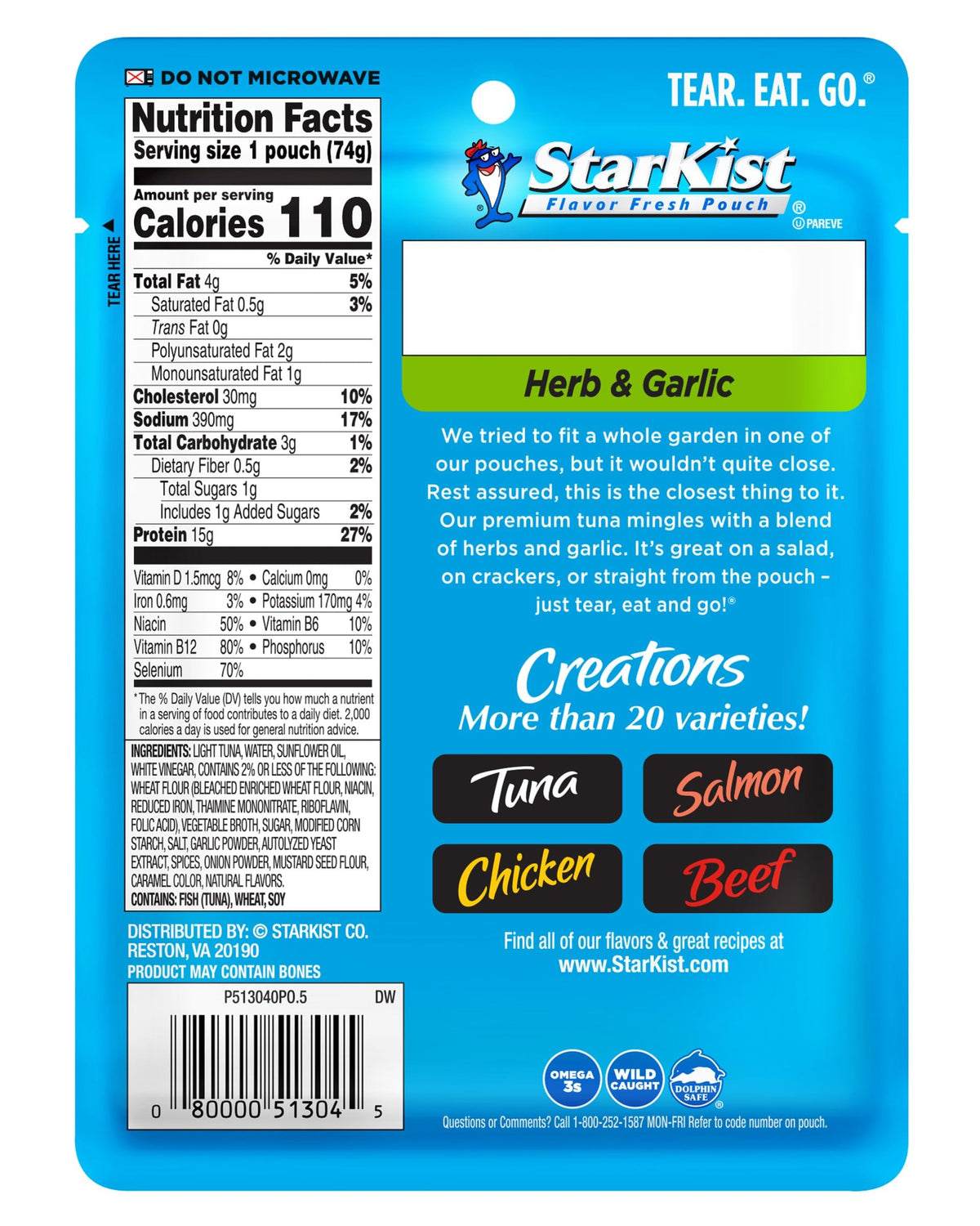 StarKist Tuna Creations Herb & Garlic Pouch (2.6 oz, 24-Pack) Wild Caught, High Protein Ready-to-Eat