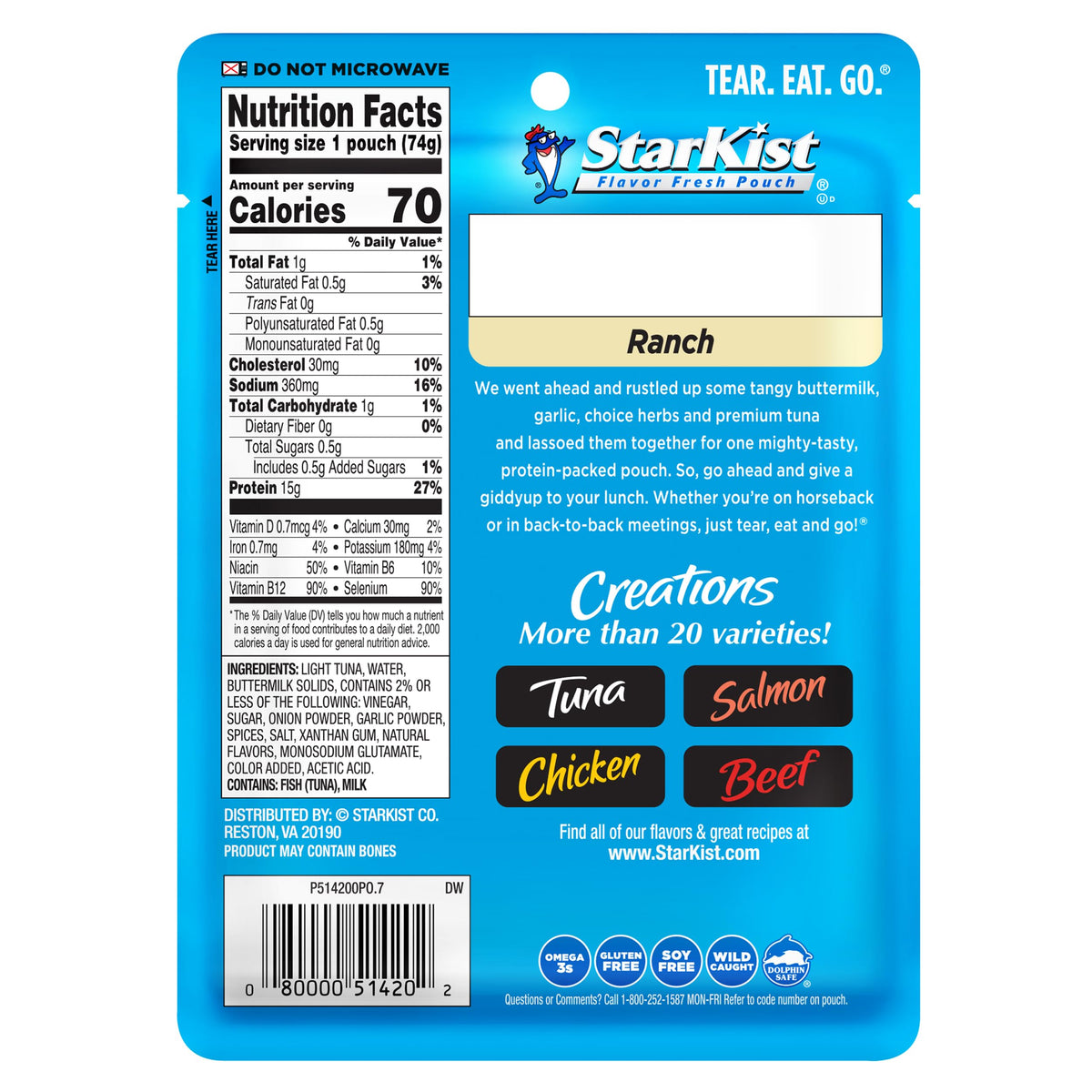 StarKist Tuna Creations Ranch Pouch – 24 Pack, Wild Caught, 15g Protein