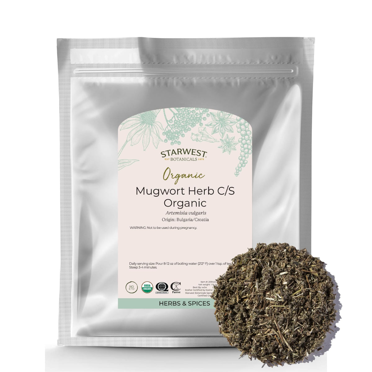 Starwest Botanicals Organic Mugwort Herb — Dried Loose Leaf, Kosher, Non-GMO, 1 lb Bulk