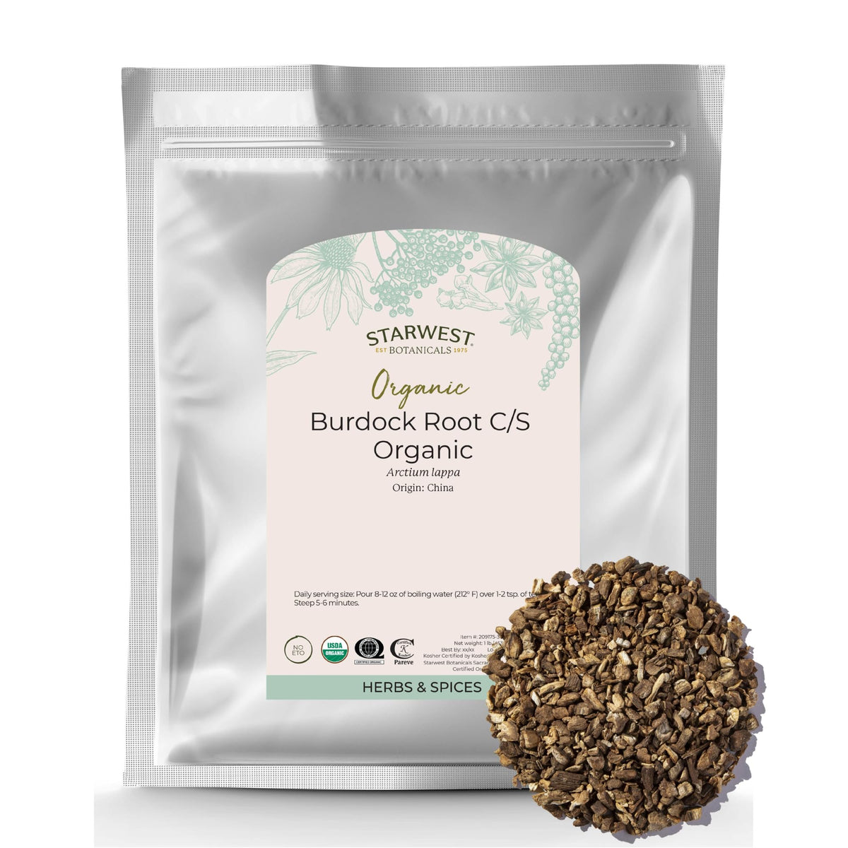 Starwest Botanicals Organic Burdock Root C/S 1 lb - Certified Organic