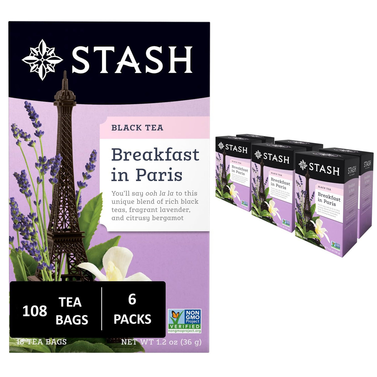 Stash Tea Breakfast in Paris Black Tea – Caffeinated, Non-GMO Project Verified, 108 Tea Bags Total (Pack of 6)