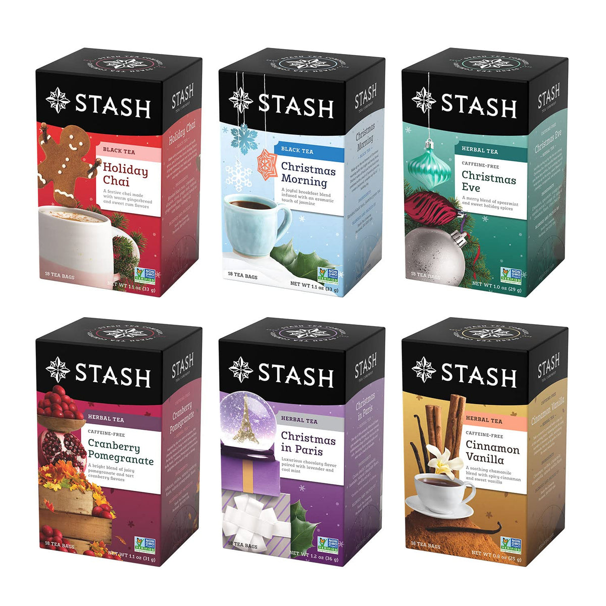 Stash Holidays Tea Sampler Pack (108 Bags) – Caffeinated & Herbal Variety (6 Boxes)