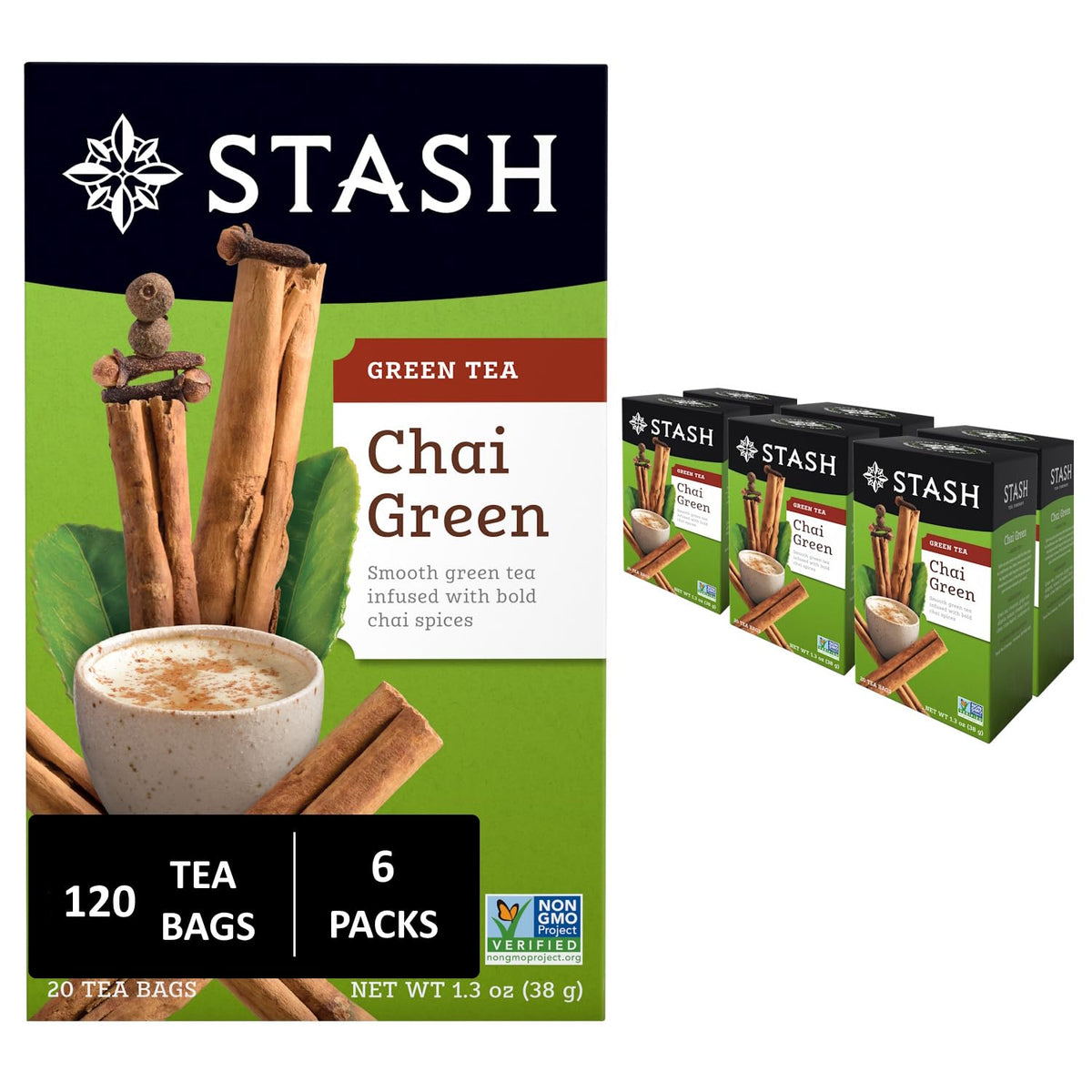 Stash Tea Chai Green Tea – Caffeinated Premium Green Tea with Cinnamon, Ginger & Cardamom | Non-GMO, 120 Bags Total