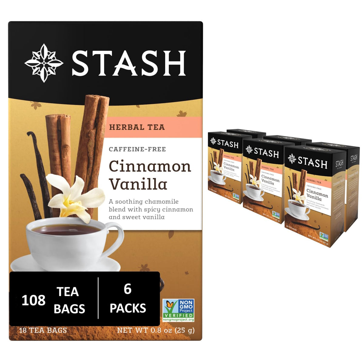 Stash Tea Cinnamon Vanilla Herbal Tea – Caffeine Free, Non-GMO, 108 Bags