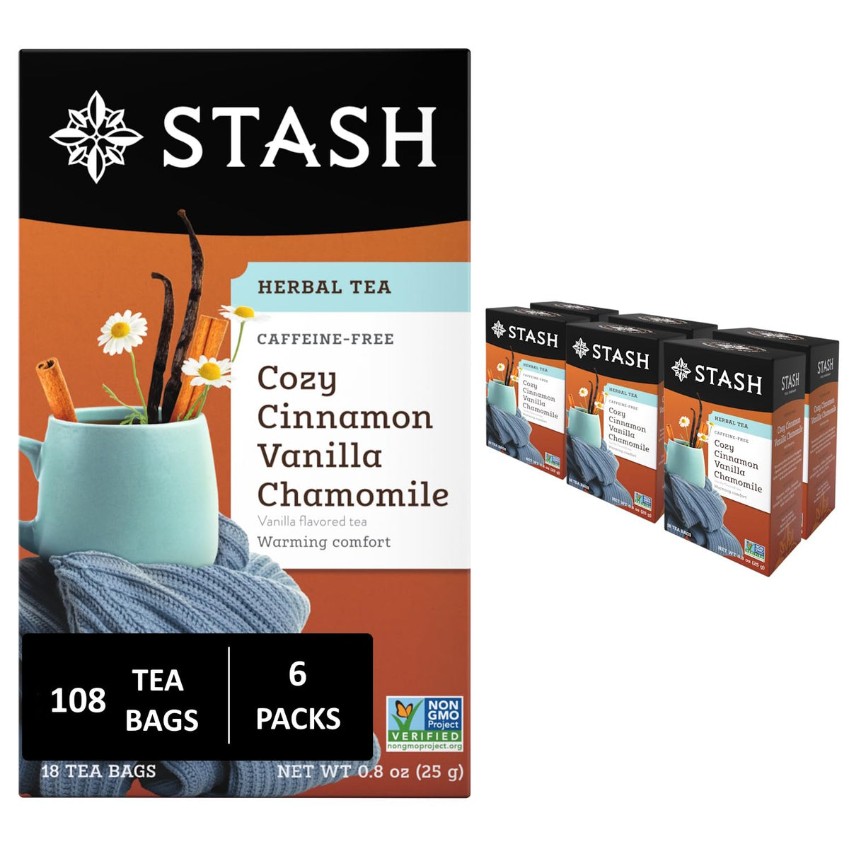 Stash Tea Cozy Cinnamon Vanilla Chamomile Herbal Tea – Caffeine-Free, Non-GMO, Kosher, Gluten Free (108 Bags Total, Pack of 6)