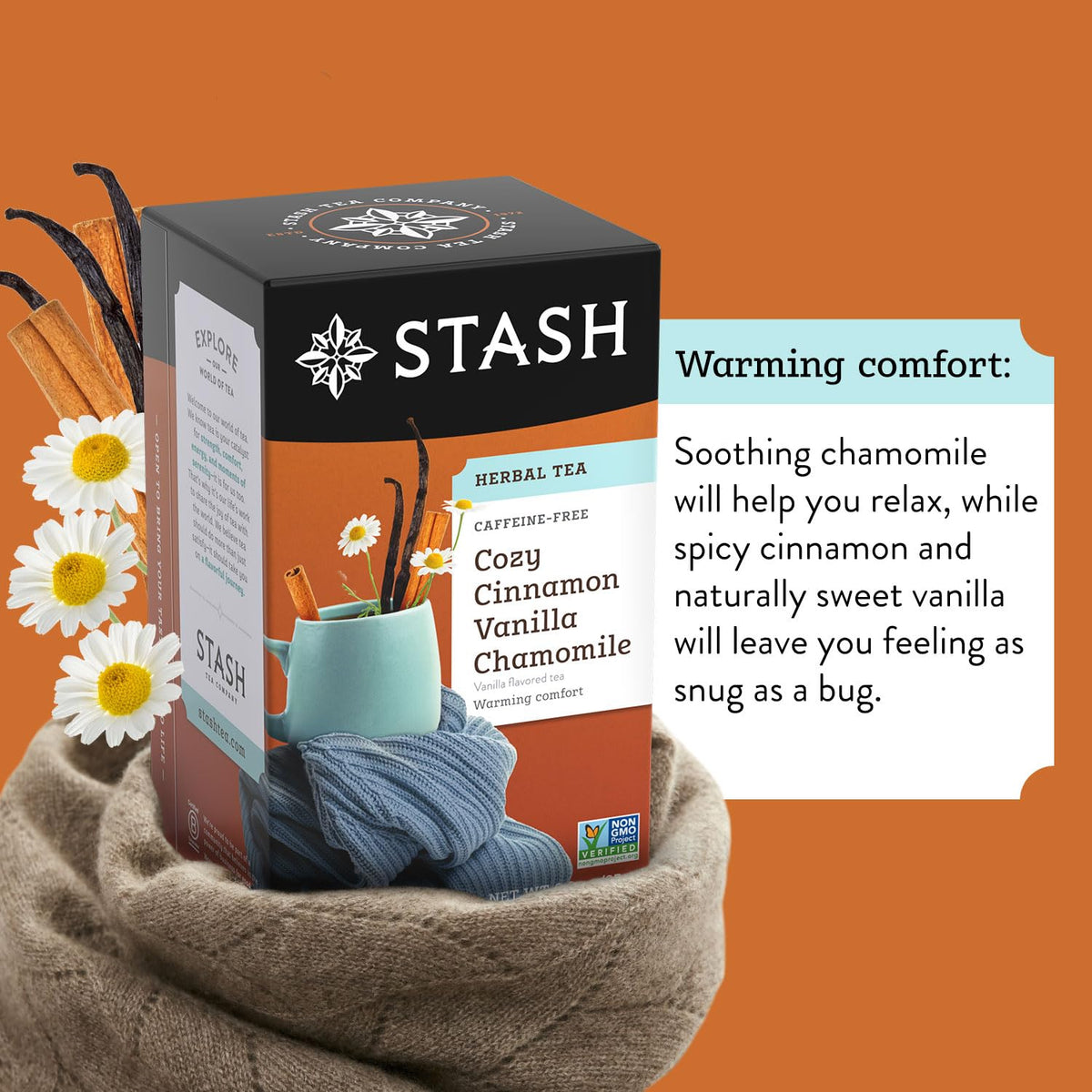 Stash Tea Cozy Cinnamon Vanilla Chamomile Herbal Tea – Caffeine-Free, Non-GMO, Kosher, Gluten Free (108 Bags Total, Pack of 6)
