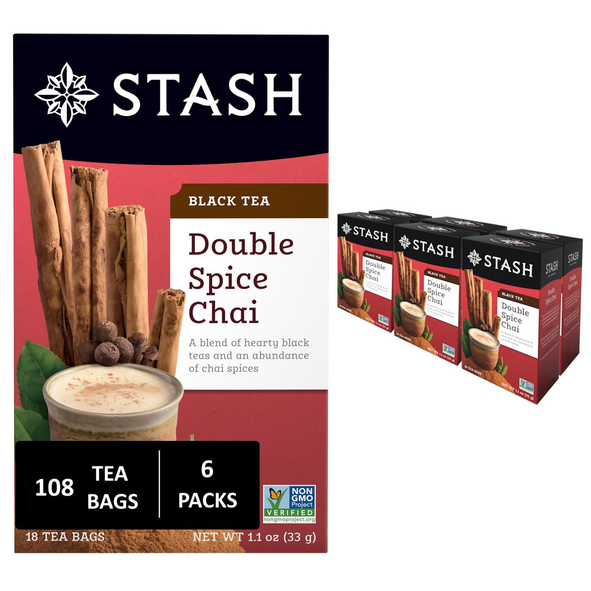 Stash Tea Double Spice Chai Black Tea — 108 Bags in 6 Boxes