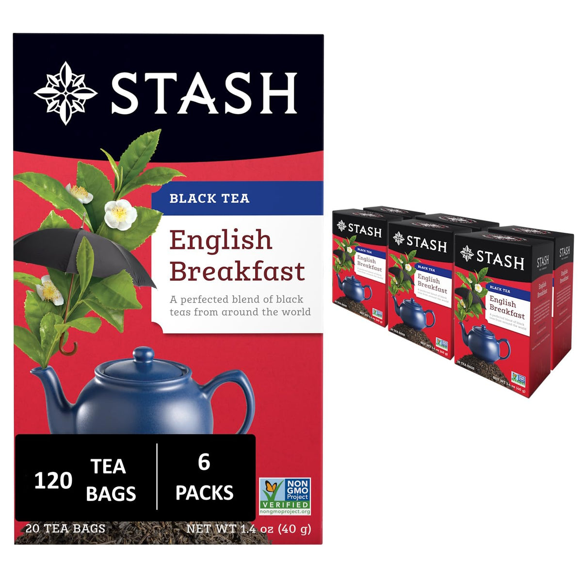 Stash Tea English Breakfast Black Tea – Caffeinated, Non-GMO Project Verified, No Artificial Ingredients, 120 Bags Total (Pack of 6)