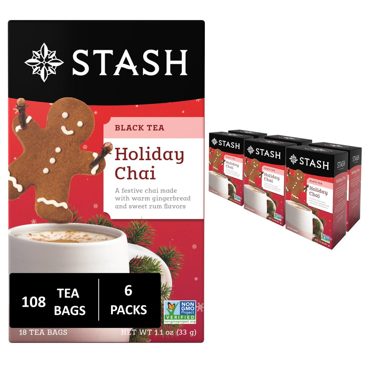Stash Tea Holiday Chai Tea Bags – 18 Count (Pack of 6) | Festive Black Tea with Gingerbread & Rum