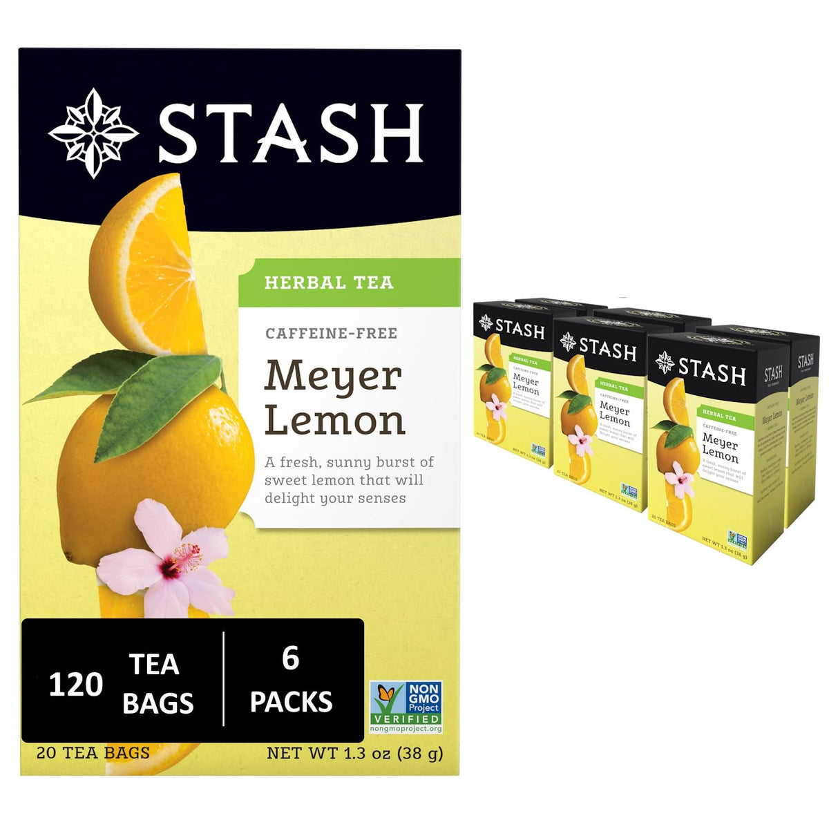 Stash Meyer Lemon Herbal Tea — 6 Boxes (120 Tea Bags) | Caffeine-Free Citrus Herbal Tea