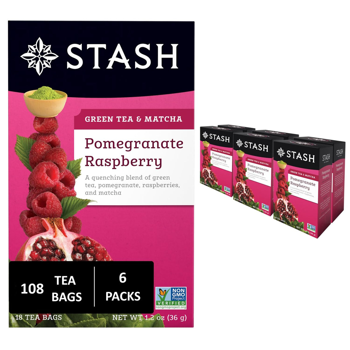 Stash Tea Pomegranate Raspberry & Matcha Green Tea — 108 Bags, Caffeinated, Non-GMO Project Verified