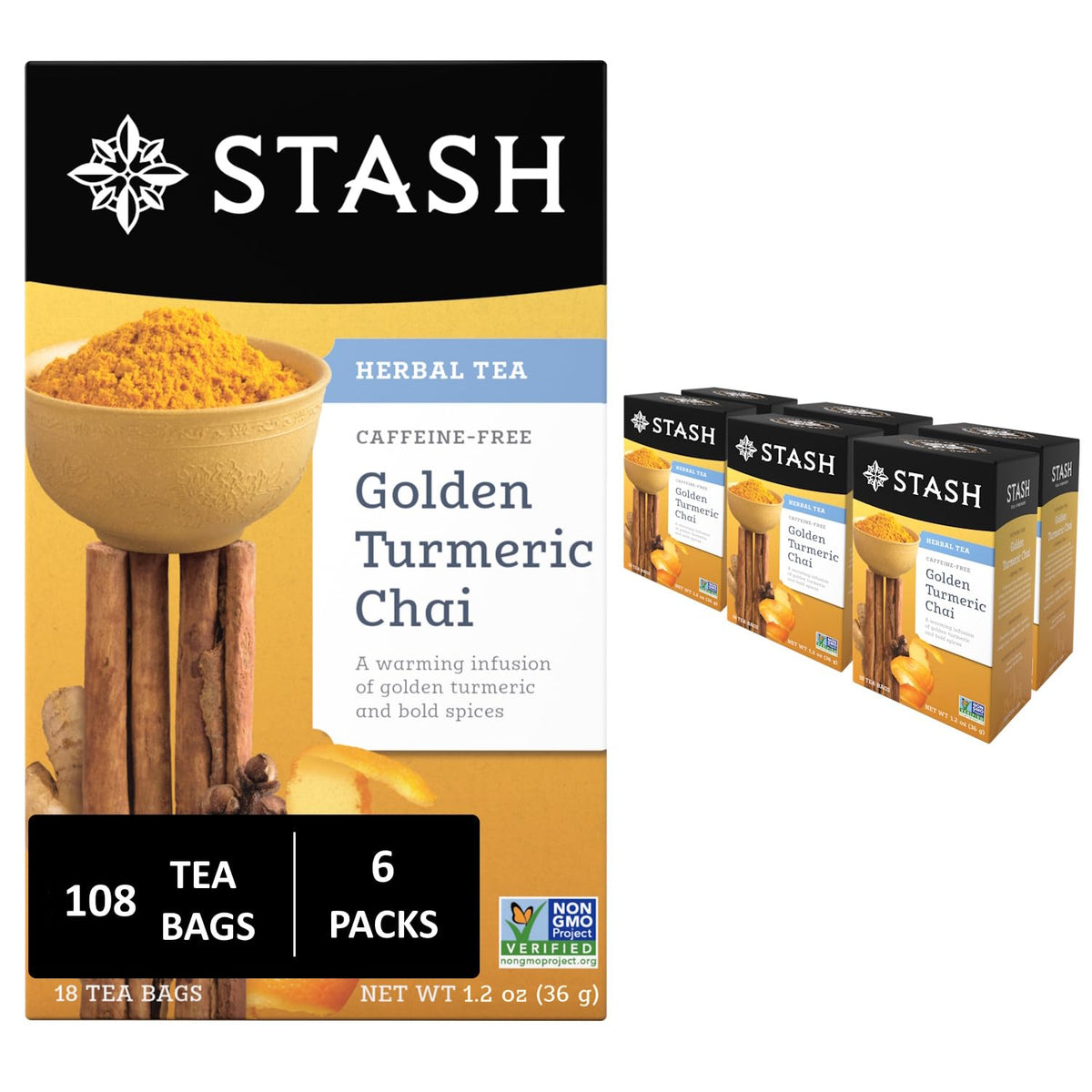Stash Tea Turmeric Chai Herbal Tea - Caffeine-Free, Non-GMO, 108 Bags