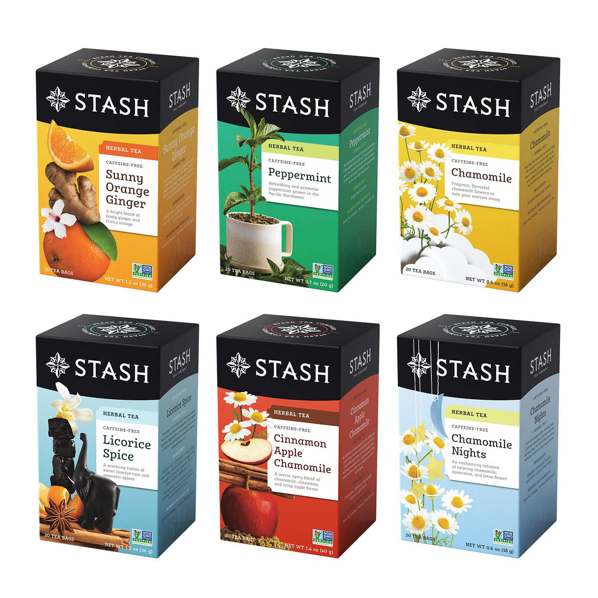 Stash Tea Soothing Herbal Tea Variety Pack – 6 Boxes, 108–120 Bags Total