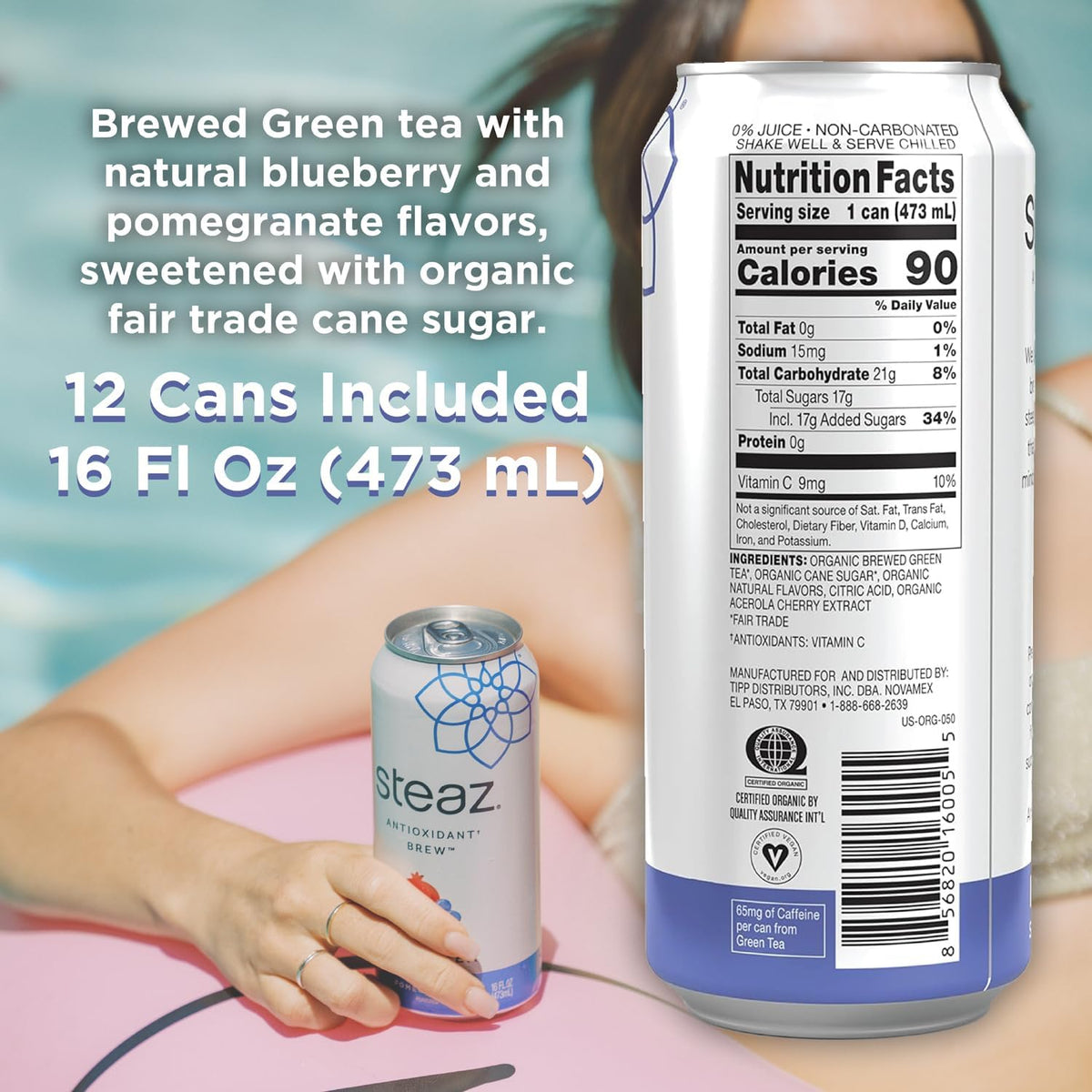 Steaz Organic Green Tea – Blueberry Pomegranate (12 Pack) | Antioxidant Brew, 65mg Caffeine
