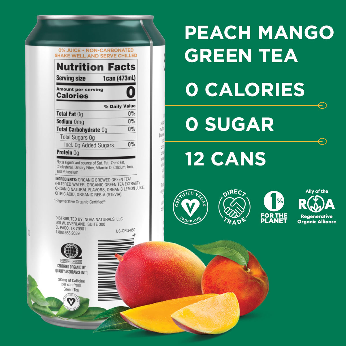 Steaz Zero Sugar Organic Green Tea - Peach Mango (12 Pack) | Regenerative Organic Certified