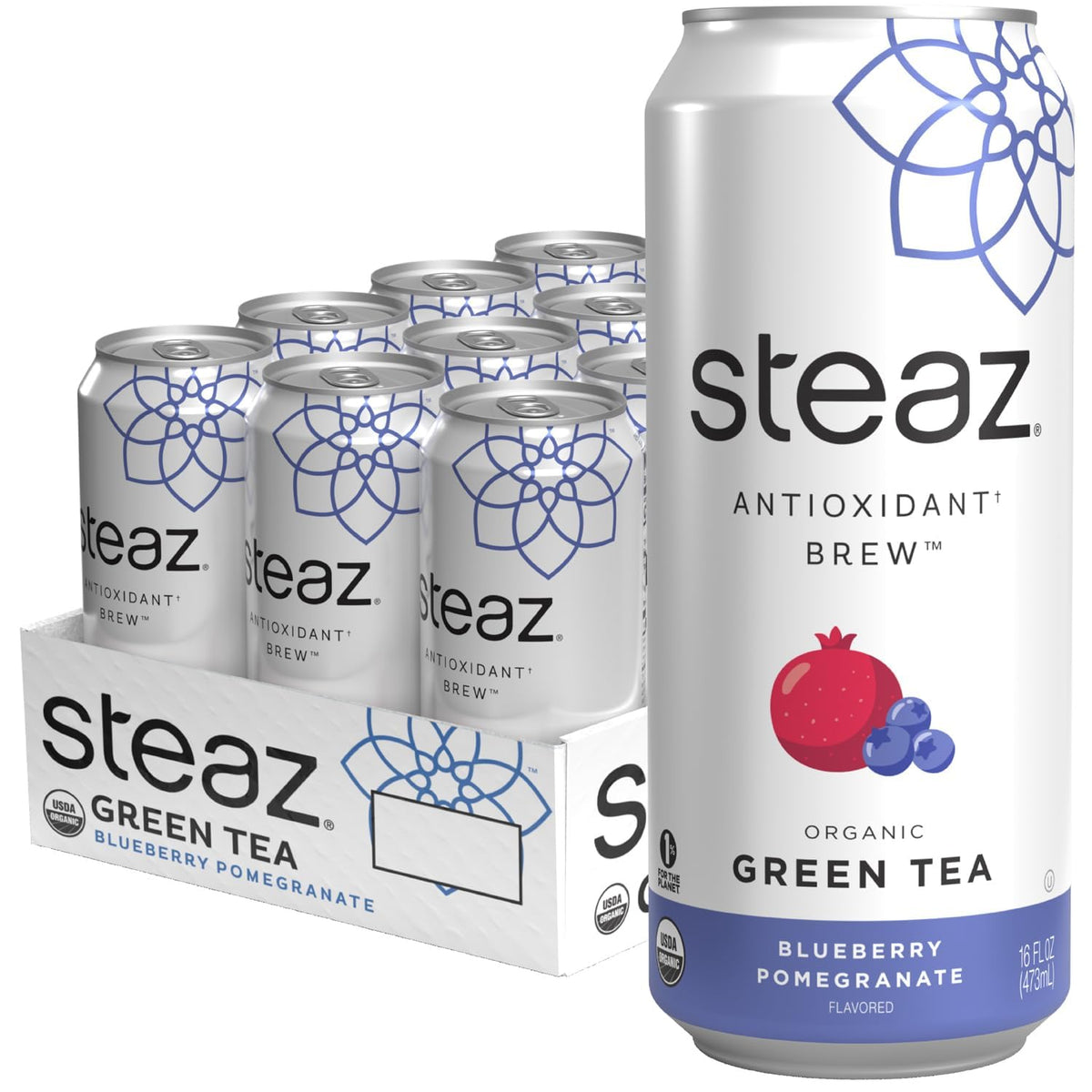Steaz Organic Green Tea – Blueberry Pomegranate (12 Pack) | Antioxidant Brew, 65mg Caffeine