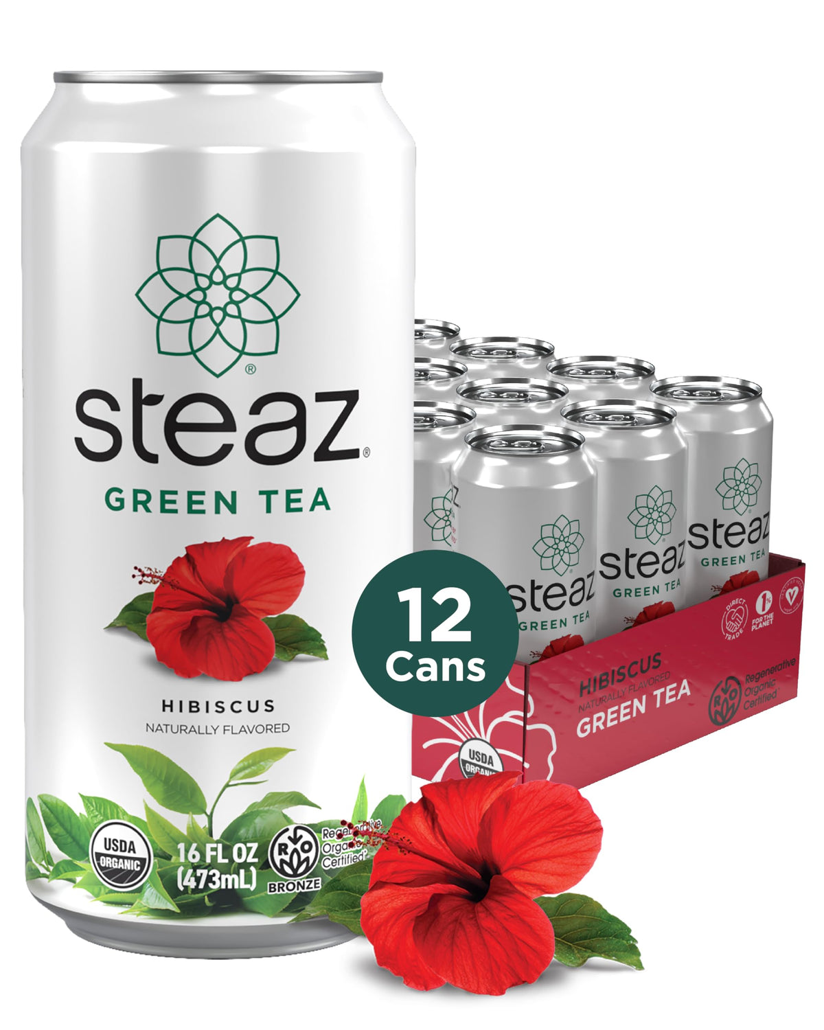 Steaz Organic Hibiscus Green Tea (12 Pack) – Regenerative Organic Certified, 30 mg Caffeine per Can
