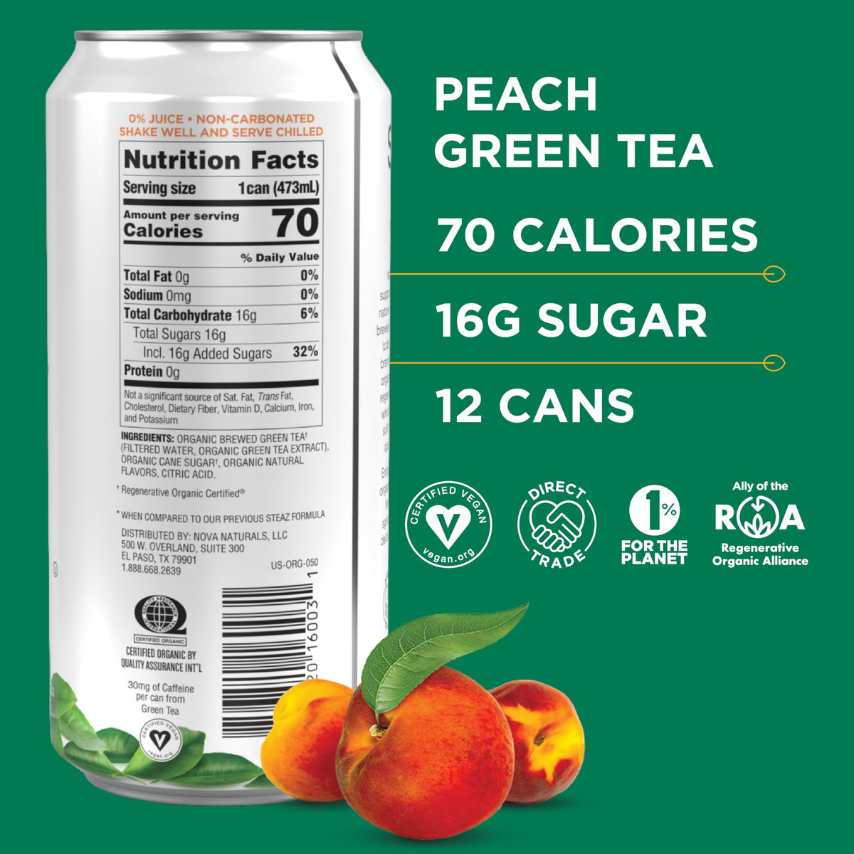 Steaz Organic Green Tea Peach Flavored (12 Pack) – Antioxidant Brew, 65 mg Caffeine, 90 Calories, Vegan & Fair Trade