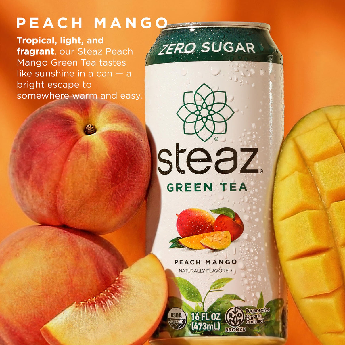 Steaz Zero Sugar Organic Green Tea - Peach Mango (12 Pack) | Regenerative Organic Certified