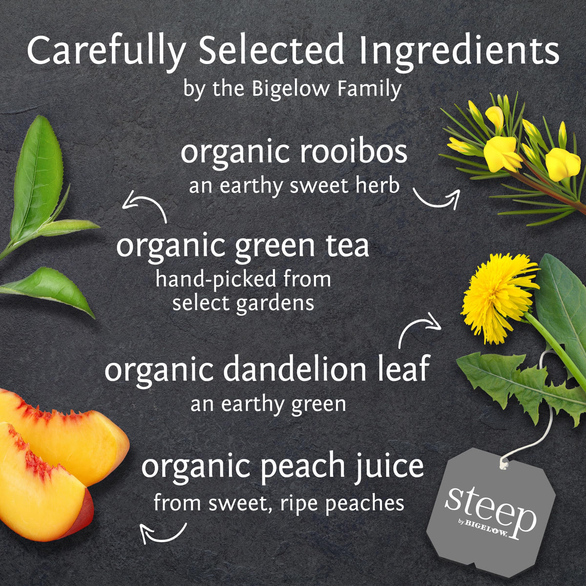 Steep by Bigelow Organic Dandelion Peach with Rooibos & Green Tea, Caffeinated — 120 Teabags (6 Pack)