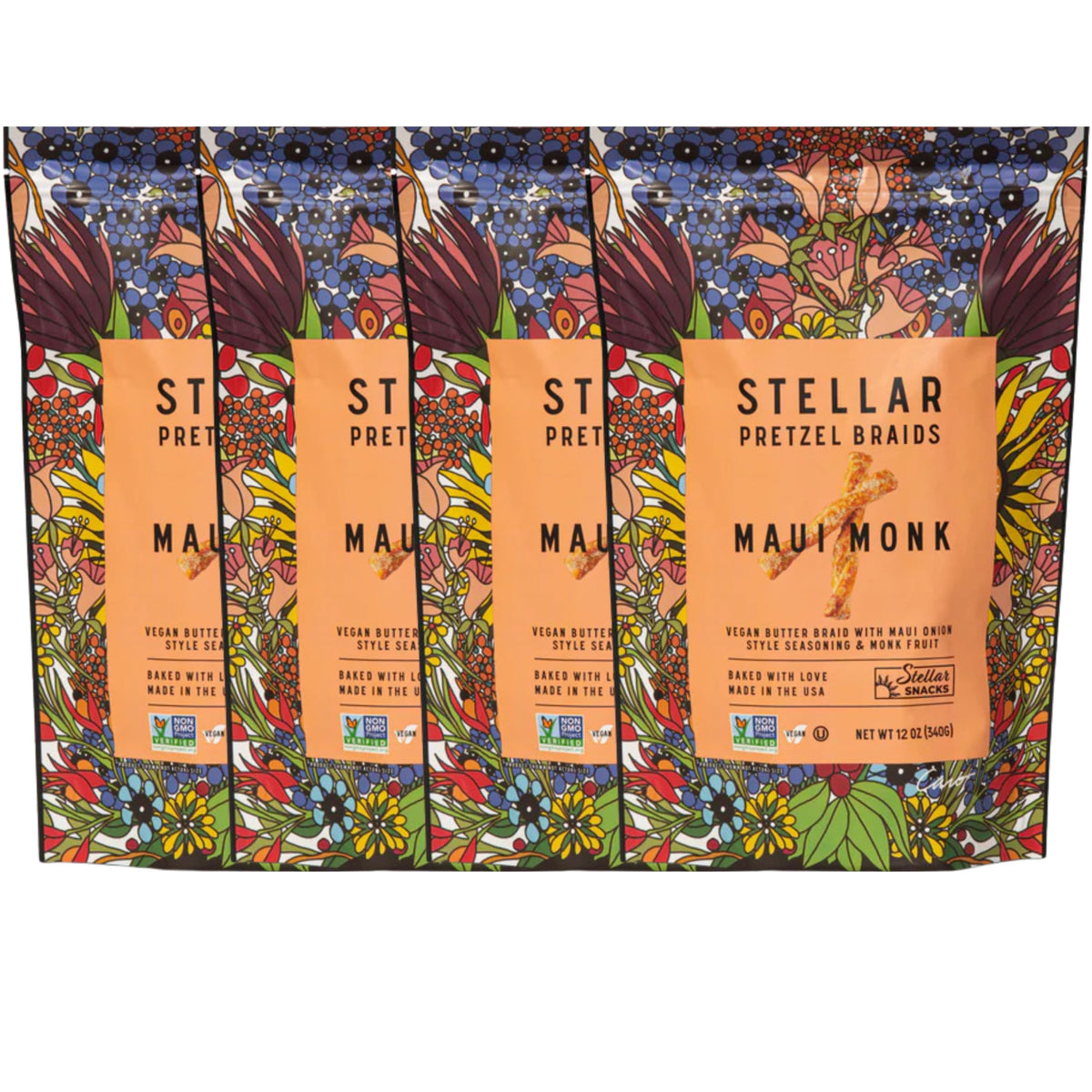 Stellar Snacks Maui Monk Pretzel Braids – 4 Pack, Resealable, Vegan, Kosher, Non-GMO, Peanut Free