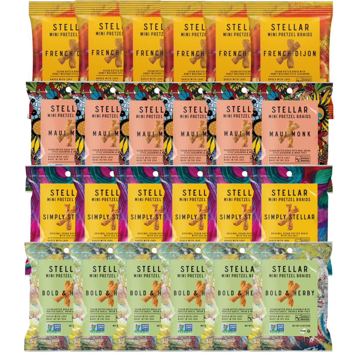 STELLAR SNACKS Mini Pretzel Braids – 4 Flavor Variety Pack, 24 Packs, Vegan, Kosher, Non-GMO