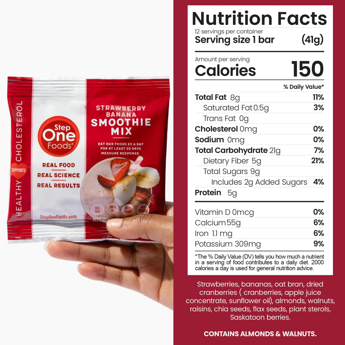 Step One Foods Strawberry Banana Smoothie Mix – 12-Pack, Heart-Healthy Plant Sterols, Omega-3s, Fiber
