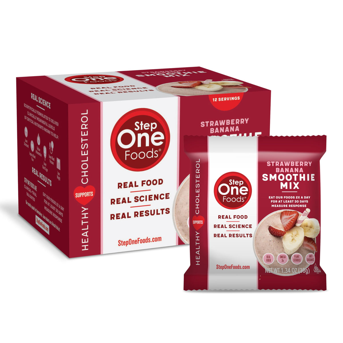 Step One Foods Strawberry Banana Smoothie Mix – 12-Pack, Heart-Healthy Plant Sterols, Omega-3s, Fiber