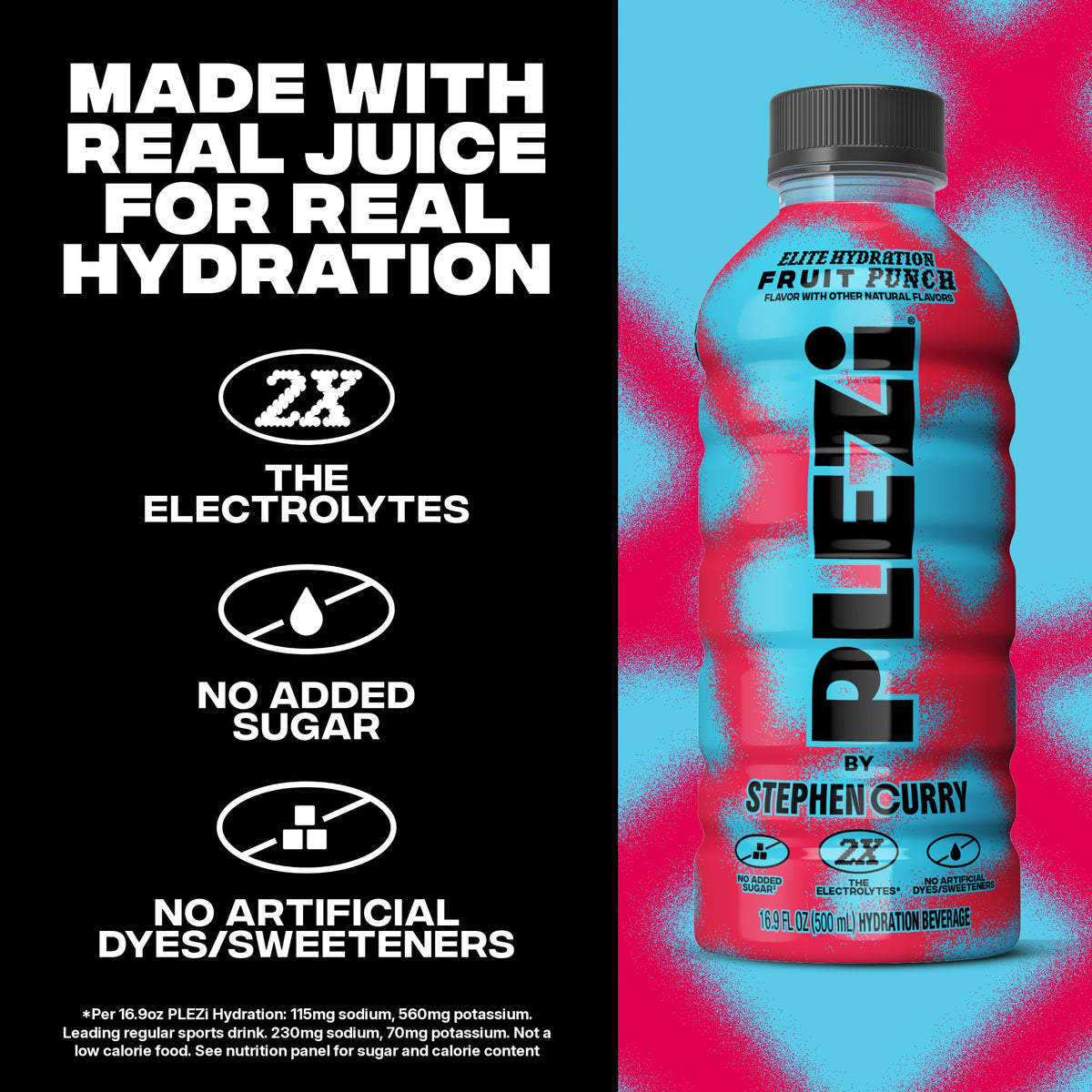 Plezi Hydration Fruit Punch – Real-Juice Electrolyte Drink, 2x Electrolytes, 560mg Potassium, 16.9 oz, 12 Pack